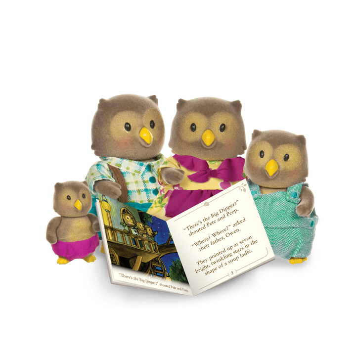 Miniature owl figurine set with storybook