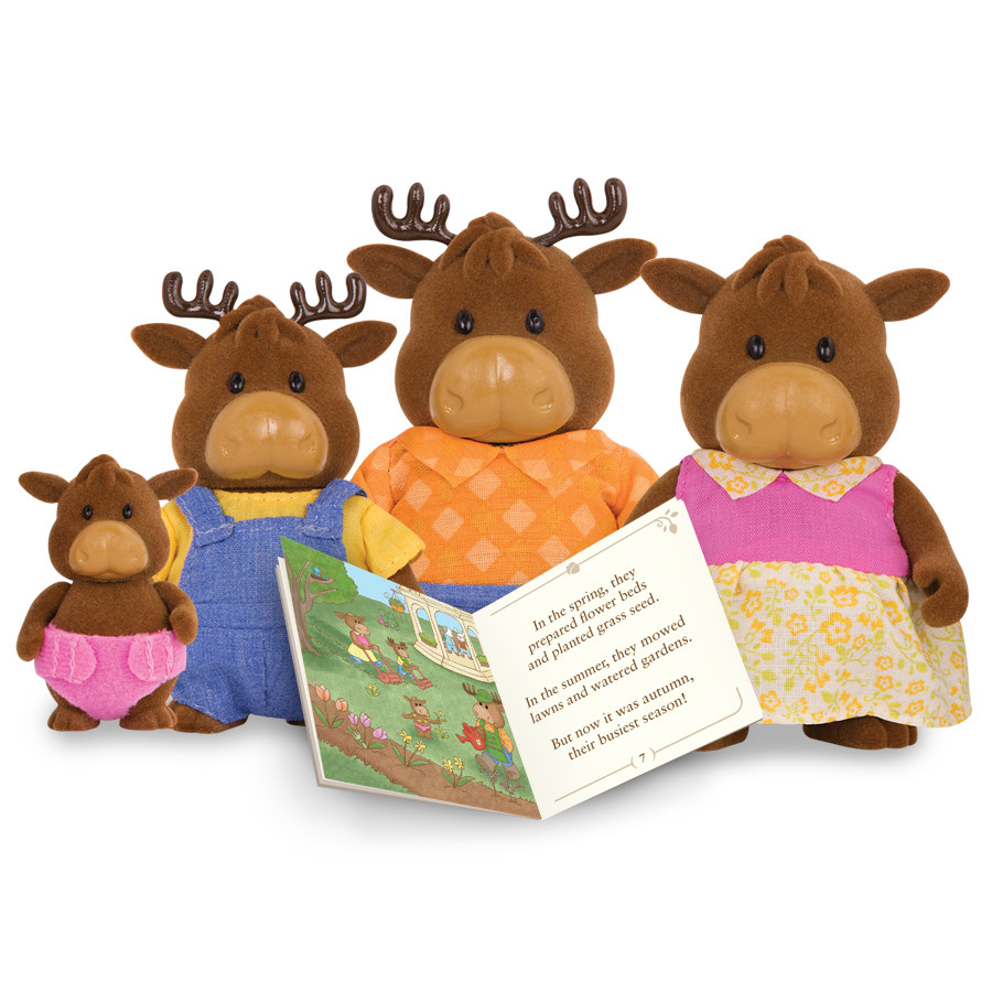 Miniature moose figurine set with storybook