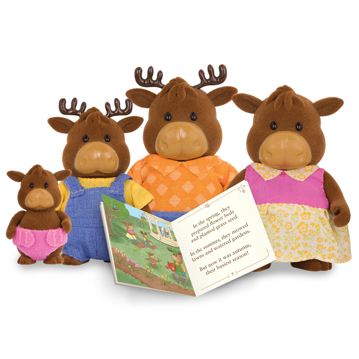 Miniature moose figurine set with storybook