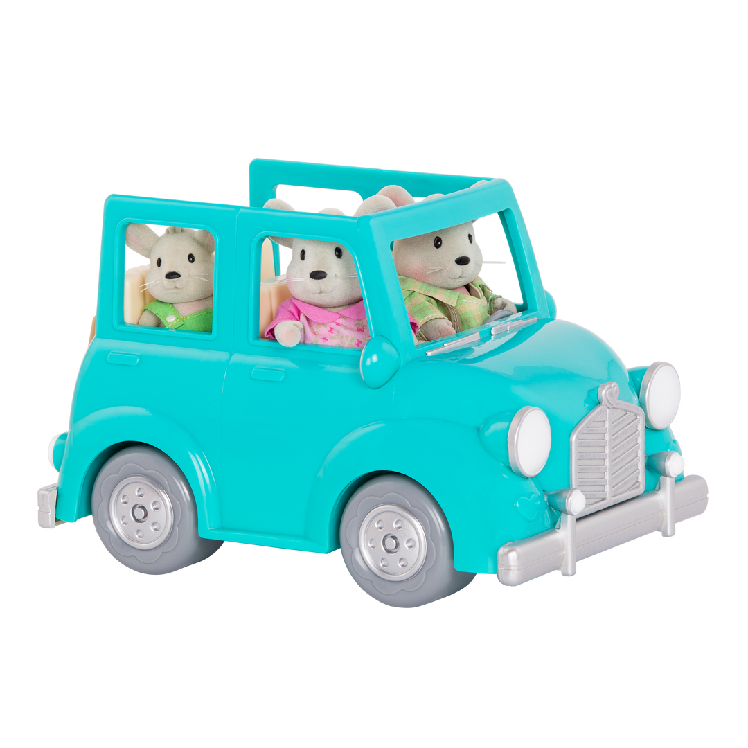 Toy car with mouse figurines inside