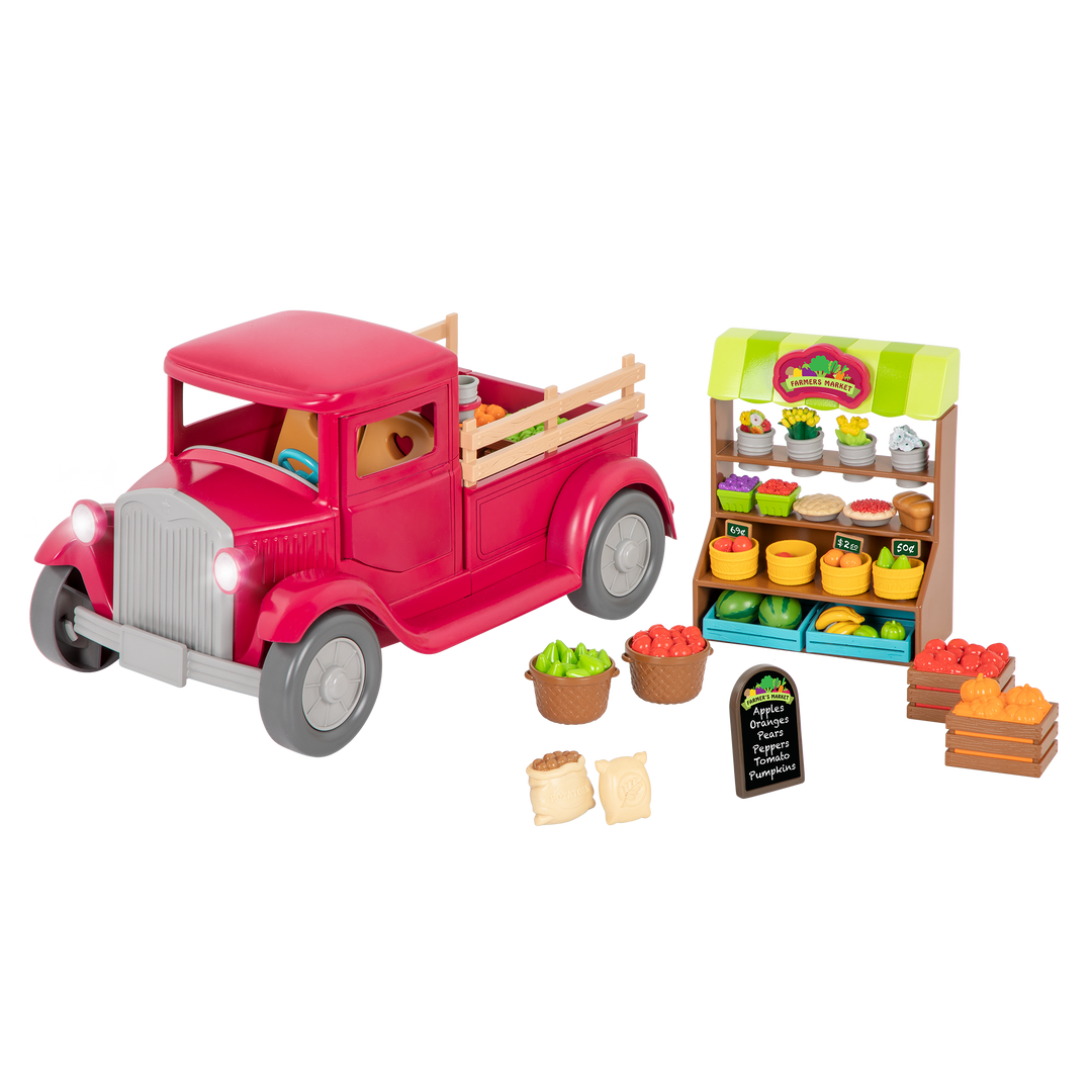 Toy truck with with food and market stand