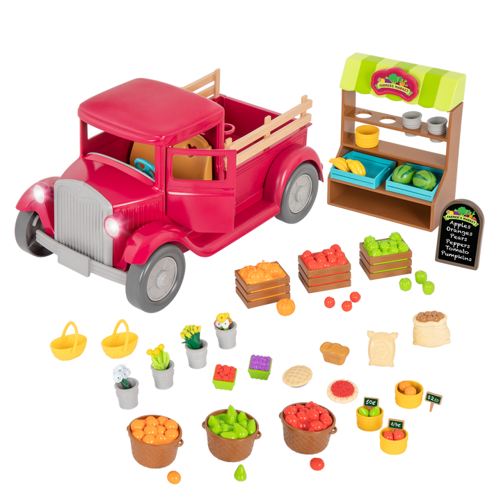 Toy truck with with food and market stand